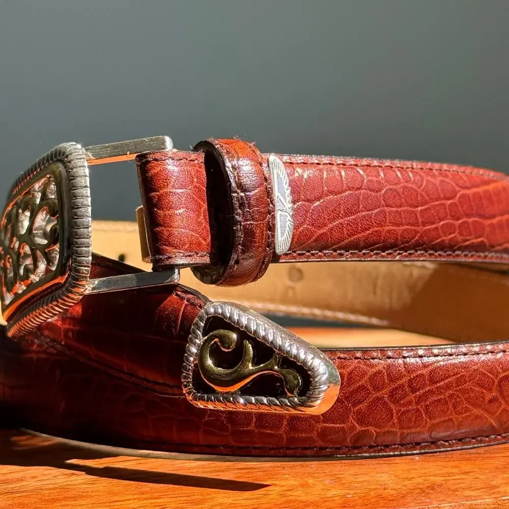 Raymond Floyd Genuine Leather Croc Embossed Belt Brown Gold Buckle Size M 33”